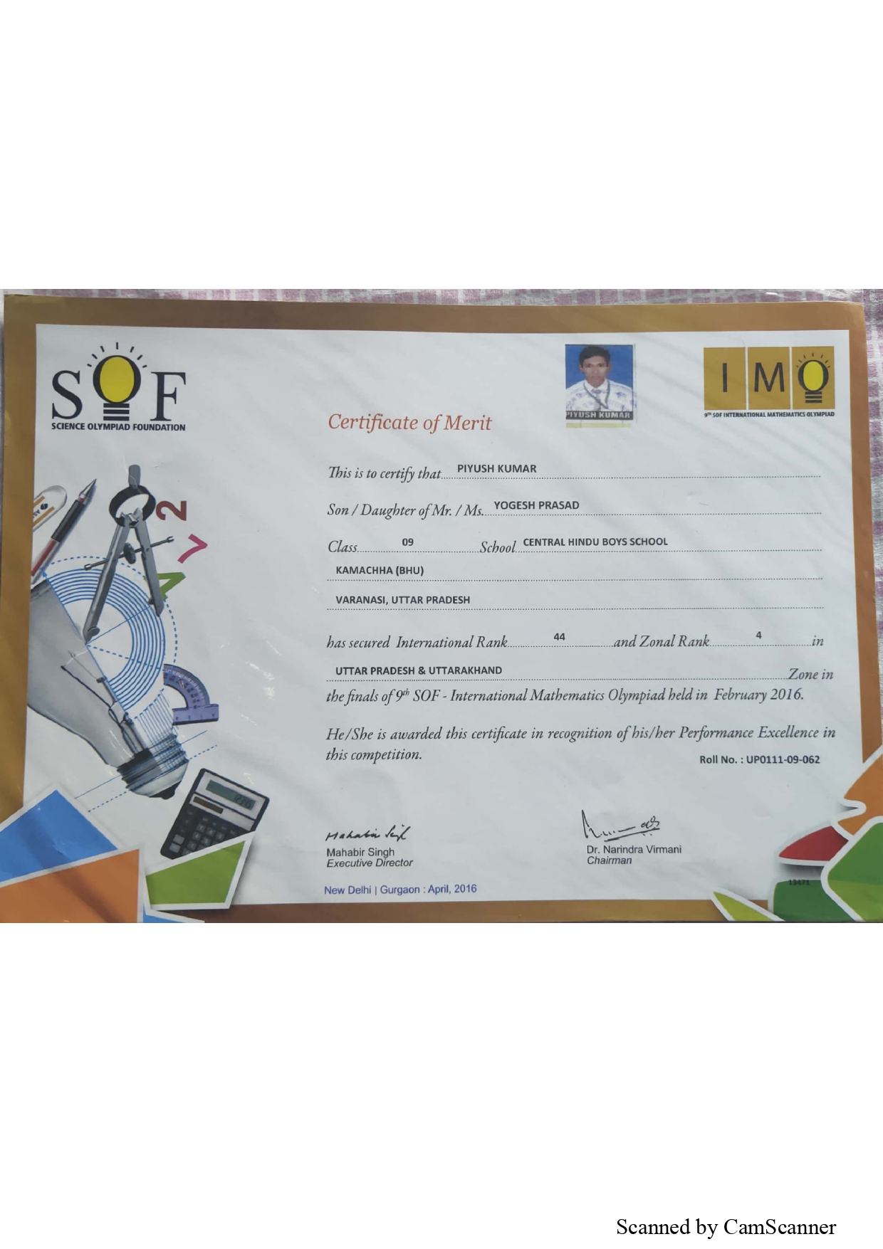 International Mathematics Olympiad certificate, Class 9th